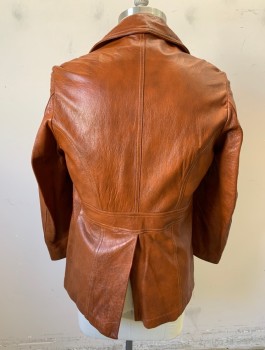 Mens, Leather Jacket, ADLER, Chestnut Brown, Leather, Solid, 42, 3 Self Covered Buttons, Notched Collar, Slanted Yoke with Stitched Diagonal Panels, 2 Pockets, Belt Panel at Back Waist, Rust Lining,