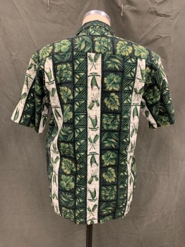 HAWAIIAN STYLE, Dk Green, Green, White, Black, Cotton, Hawaiian Print, Button Front, Collar Attached, Short Sleeves, 1 Pocket