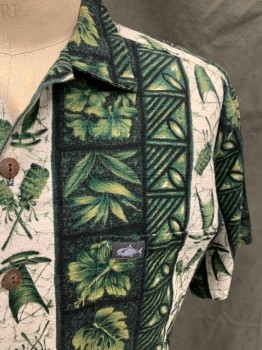 HAWAIIAN STYLE, Dk Green, Green, White, Black, Cotton, Hawaiian Print, Button Front, Collar Attached, Short Sleeves, 1 Pocket
