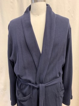 NORDSTROM'S, Navy Blue, Cotton, Solid, Thermal, Surplice Shawl Collar, Long Sleeves, 2 Patch Pocket, Belted Waist, Below the Knee Length