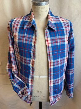 MARC JACOBS, Teal Blue, Off White, Red, Navy Blue, Polyester, Cotton, Plaid, Solid, Collar Attached, Solid Navy Lining, Zip Front, 2 Slant Pockets with Zipper, Long Sleeves, 2" Elastic Band Hem