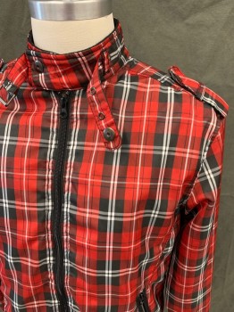 HERITAGE 1981, Red, Black, White, Polyester, Plaid, Zip Front Stand Collar with Self Belt, Belt Loops, Epaulets, 2 Zip Pockets, Long Sleeves, Snap Tab Cuff, Elastic Waistband