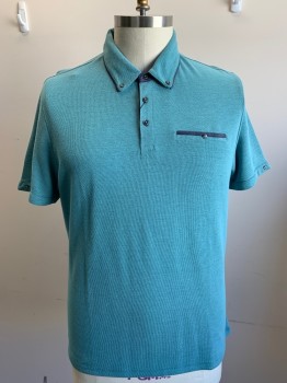 ENGLISH LAUNDRY, Teal Green, Faded Black, Cotton, Polyester, Color Blocking, Faded Black Trim on Collar Attached, Inside Placket Front, and 1 Pocket Trim, 3 Button Front, Short Sleeves,