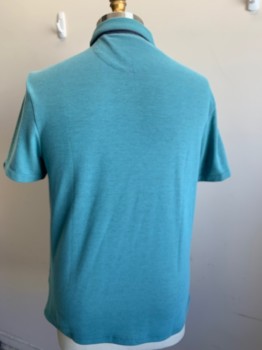 ENGLISH LAUNDRY, Teal Green, Faded Black, Cotton, Polyester, Color Blocking, Faded Black Trim on Collar Attached, Inside Placket Front, and 1 Pocket Trim, 3 Button Front, Short Sleeves,