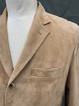 BRUNELLO CUCINELLI, Camel Brown, Suede, Solid, Single Breasted, Collar Attached, Notched Lapel, 4 Pockets, Long Sleeves