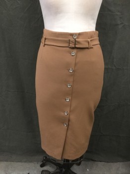 WHT HOUSE BLK MKT, Lt Khaki Brn, Polyester, Rayon, Solid, High Waist, Zip Back, Self Belt with Silver Buckle, No Waistband, Belt Loops, Faux Button Front
