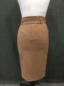 WHT HOUSE BLK MKT, Lt Khaki Brn, Polyester, Rayon, Solid, High Waist, Zip Back, Self Belt with Silver Buckle, No Waistband, Belt Loops, Faux Button Front