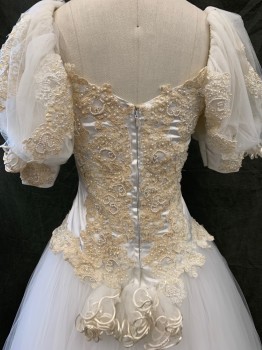N/L, Antique White, Polyester, Silk, Solid, V-neck, Satin Top with Abstract Floral Passementerie with Pearl Beading, Zip Back, Sheer Netting Poofy Sleeves with Passementerie, Satin Cuff with Passementerie, Multiple Layers of Sheer Gathered Netting Skirt with Passementerie and Satin Trim, Netting Florettes at Center Back Waist (Tag Says 8 Inside)