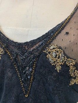 Womens, Evening Dress 1890s-1910s, N/L MTO, Black, Lt Pink, Gold, Silk, Beaded, W:25, B:32, Sheer Net with Dotted Texture, Short Sleeves, Light Pink Silk Underlayer Visible at Bust, Scoop Neck, Empire Waist, Gold Beaded Trim at Bust, Sleeves and Neckline, Peplum at Hips, Floor Length, Made To Order
