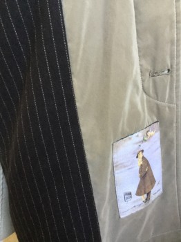 CARROLL & CO, Khaki Brown, Charcoal Gray, Polyester, Viscose, Solid, Stripes - Vertical , Collar Attached, Single Breasted, Hidden Button Front, 2 Slant Pockets with 1 Button, Charcoal Gray with Broken Khaki Stitch Vertical Stripes Lining, Long Sleeves with Short Belt & 1 Button, 1 Split Back Center Hem