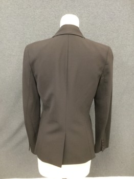 THEORY, Dk Brown, Wool, Lycra, Solid, Single Breasted, Collar Attached, Peaked Lapel, 3 Pockets, 1 Button, Long Sleeves