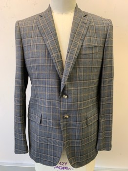 Mens, Sportcoat/Blazer, N/L, Gray, Brown, Black, Wool, Plaid-  Windowpane, 42R, Single Breasted, Notched Lapel, 2 Buttons, 3 Pockets