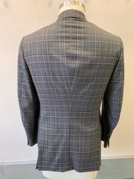 N/L, Gray, Brown, Black, Wool, Plaid-  Windowpane, Single Breasted, Notched Lapel, 2 Buttons, 3 Pockets