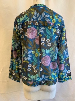Womens, Blouse, J, CREW, Teal Blue, Mint Green, Pink, White, Beige, Polyester, Floral, Leaves/Vines , XS, Pullover, V-neck, Thin Neck Tie Attached, Long Sleeves