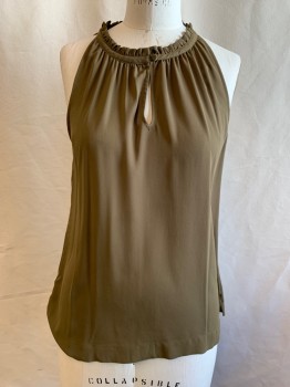 Womens, Top, J. CREW, Olive Green, Polyester, Solid, 8, Keyhole Front, Ruffle Collar, Sleeveless, Chiffon
