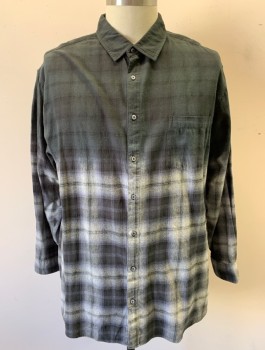 Mens, Casual Shirt, PREMIUM EXPRESSION, Gray, Charcoal Gray, Lt Gray, Cotton, Ombre, Plaid, 2XL, Top is Charcoal Ombre Dyed Into Plaid at the Bottom, Flannel, Long Sleeves, Button Front, Collar Attached, 1 Patch Pocket
