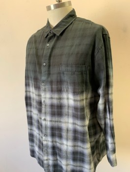 PREMIUM EXPRESSION, Gray, Charcoal Gray, Lt Gray, Cotton, Ombre, Plaid, Top is Charcoal Ombre Dyed Into Plaid at the Bottom, Flannel, Long Sleeves, Button Front, Collar Attached, 1 Patch Pocket