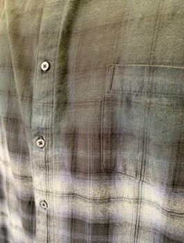 Mens, Casual Shirt, PREMIUM EXPRESSION, Gray, Charcoal Gray, Lt Gray, Cotton, Ombre, Plaid, 2XL, Top is Charcoal Ombre Dyed Into Plaid at the Bottom, Flannel, Long Sleeves, Button Front, Collar Attached, 1 Patch Pocket
