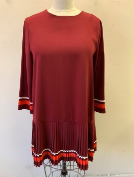 Womens, Dress, Long & 3/4 Sleeve, ENGLISH FACTORY, Maroon Red, Polyester, Spandex, Solid, XL, Crepe, Poppy Red and White Trim at Hem and Cuffs, Long Sleeves, Round Neck, Shift Dress with Dropped Waist, Pleated Below Waistline, Hem Mini, Invisible Zipper in Back