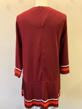 ENGLISH FACTORY, Maroon Red, Polyester, Spandex, Solid, Crepe, Poppy Red and White Trim at Hem and Cuffs, Long Sleeves, Round Neck, Shift Dress with Dropped Waist, Pleated Below Waistline, Hem Mini, Invisible Zipper in Back