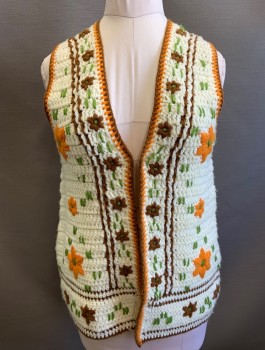 Womens, Vest, N/L, Cream, Brown, Oatmeal Brown, Green, Acrylic, Floral, B:38, Crochet, Hook and Eye Closures at Front, V-neck, Hippie Late 1960's