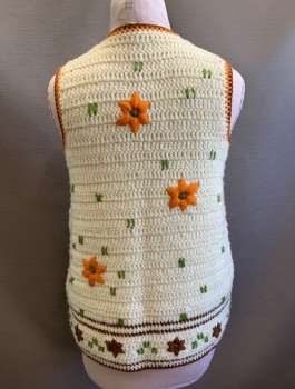 Womens, Vest, N/L, Cream, Brown, Oatmeal Brown, Green, Acrylic, Floral, B:38, Crochet, Hook and Eye Closures at Front, V-neck, Hippie Late 1960's