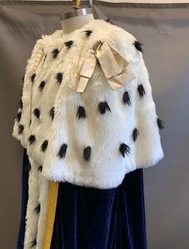 Unisex, Historical Fiction Cape, N/L MTO, Royal Blue, White, Black, Gold, Faux Fur, Polyester, Crushed Velvet with White Faux Fur Caped Shoulders and Front Opening, Small Tufts of Black Fur Sticking Out, Gold Metallic Trim, Gold/Black Rope Ties with Tassels at Neck, Blue Taffeta Lining, Floor Length, Made To Order, King/Royalty