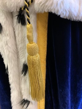 Unisex, Historical Fiction Cape, N/L MTO, Royal Blue, White, Black, Gold, Faux Fur, Polyester, Crushed Velvet with White Faux Fur Caped Shoulders and Front Opening, Small Tufts of Black Fur Sticking Out, Gold Metallic Trim, Gold/Black Rope Ties with Tassels at Neck, Blue Taffeta Lining, Floor Length, Made To Order, King/Royalty