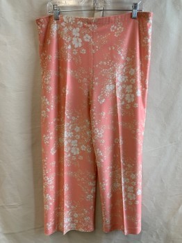 Womens, 1970s Vintage, Piece 3, JSE CALIFORNIA, Salmon Pink, White, Cream, Polyester, Floral, Pants, Elastic Waist **Stains on Leg