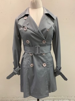 Womens, Coat, Trenchcoat, NL, Gray, Nylon, Cotton, B: 38, with Matching Belt, Removable Cuff Straps with Buckle, Collar Attached, Single Breasted, Button Front, 5 Buttons, 2 Side Pockets