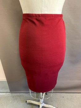OLIVIA BLU, Red Burgundy, Polyester, Spandex, Self Stitched Stripe, Off Center Gold Zipper, Pencil Skirt