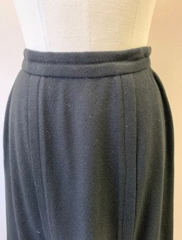 Womens, Skirt 1890s-1910s, N/L MTO, Black, Wool, Solid, W24-26, 1" Wide Self Waistband, Vertical Pleated Seams From Waist to Hem, Floor Length, Hook & Eyes/Snaps in Back, Made To Order