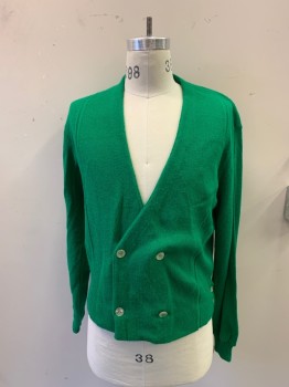 Mens, Sweater, SPORTSWEAR, Kelly Green, Acrylic, Solid, M, V-neck, Long Sleeves, Double Breasted, Buttons at Both Sides of Waist