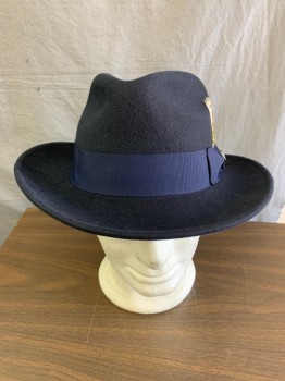 Mens, Fedora, JAXON, Navy Blue, Wool, Solid, L, Chrome Button, Small Feather