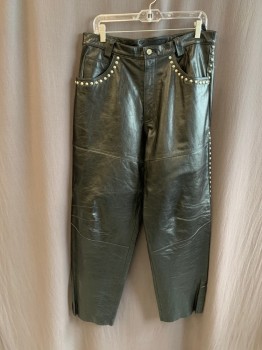 Mens, Leather Pants, DAVOUCCI, Black, Leather, Solid, 34/32, Flat Front, Zip Fly, Button Closure, 5 Pockets, Belt Loops, Gray Studs on Pockets and Down Legs