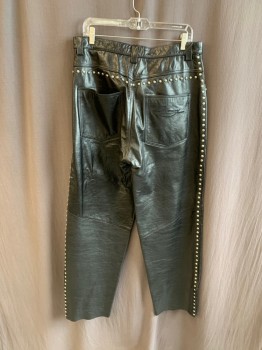 Mens, Leather Pants, DAVOUCCI, Black, Leather, Solid, 34/32, Flat Front, Zip Fly, Button Closure, 5 Pockets, Belt Loops, Gray Studs on Pockets and Down Legs