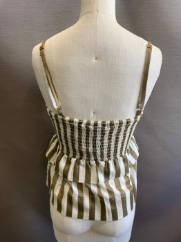 MARC BY MARC JACOBS, White, Brown, Ecru, Cotton, Stripes - Vertical , Sleeveless, with Adjustable Straps, Elastic Rouched Back, Decorative Buttons Center Front, Tiered Ruffles