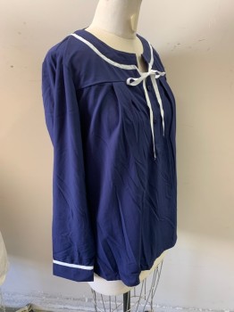 ZEAGOO, Navy Blue, White, Polyester, Spandex, Solid, Navy with White Twill Tape Trim, Button Front Placket, Self Tie Neck Long Sleeves,