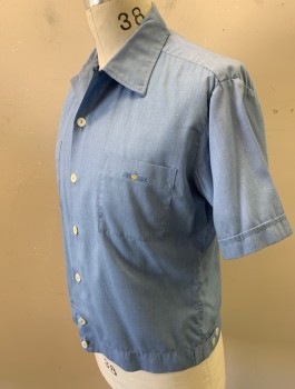 Mens, Casual Shirt, JOSEPH'S, French Blue, Cotton, Solid, M, S/S, Button Front, Camp Collar, Boxy Fit with Adjustable Buttons at Side Waist, 2 Patch Pockets, Small Embroidered Logo on One Pocket
