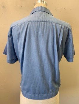 Mens, Casual Shirt, JOSEPH'S, French Blue, Cotton, Solid, M, S/S, Button Front, Camp Collar, Boxy Fit with Adjustable Buttons at Side Waist, 2 Patch Pockets, Small Embroidered Logo on One Pocket