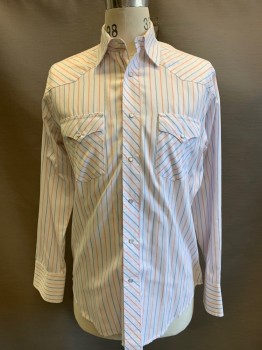 Mens, Western, WRANGLER, White, Faded Red, Baby Blue, Cotton, Polyester, Stripes - Diagonal , Stripes - Vertical , M, Button Front, L/S, C.A., 2 Pockets, Pearl Snap Butons