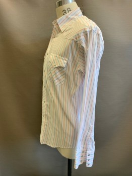 Mens, Western, WRANGLER, White, Faded Red, Baby Blue, Cotton, Polyester, Stripes - Diagonal , Stripes - Vertical , M, Button Front, L/S, C.A., 2 Pockets, Pearl Snap Butons