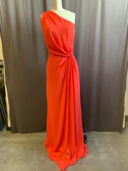 Womens, Evening Gown, HALSTON HERITAGE, Coral Orange, Polyester, Solid, B:30, 0, One Shoulder, Pleat Drape From Shoulder, Bloused to Waistband, Side Knot Front, Side Zip, Floor Length Hem