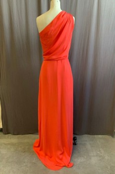 Womens, Evening Gown, HALSTON HERITAGE, Coral Orange, Polyester, Solid, B:30, 0, One Shoulder, Pleat Drape From Shoulder, Bloused to Waistband, Side Knot Front, Side Zip, Floor Length Hem