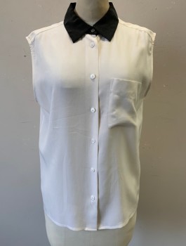 EQUIPMENT, Cream, Black, Silk, Solid, Sleeveless, Button Front, Contrasting Black Collar Attached, 1 Patch Pocket