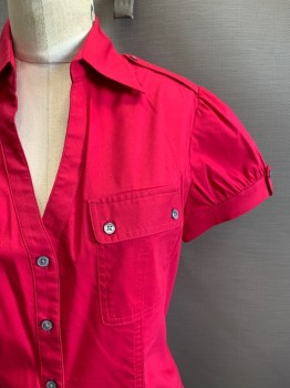 EXPRESS, Fuchsia Pink, Cotton, Solid, S/S, Button Front, Collar Attached, Chest Pockets