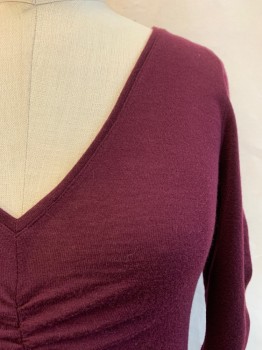 CLUB MONACO, Aubergine Purple, Wool, Polyester, Solid, Pull On, V-N, L/S, Gathered Front And Sleeves
