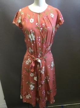 REBECCA TAYLOR, Coral Orange, Pink, White, Olive Green, Yellow, Rayon, Floral, Crew Neck with One Button Closure, Butterfly Sleeves, Belt