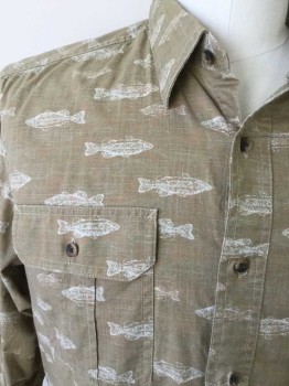 GEORGE, Khaki Brown, White, Cotton, Novelty Pattern, Khaki Background with White Fish Print, Button Front, Long Sleeves, Collar Attached, 2 Flap Pockets, Button Tab Sleeve for Roll Up