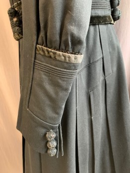 Womens, Coat 1890s-1910s, NL, Black, Wool, Cotton, Solid, W::26, B:32, W/ Velvet / Wool Belt, 2 Pocket, 2 Fastening Decorative Bulbs at Top, Velvet/Wool 2 Pice Layerd Extended Collar Above Shoulder Onto the Top of Back
